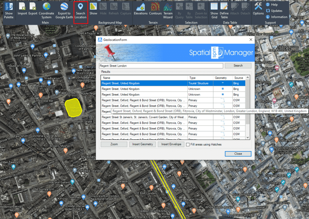 Iskanje lokacije v GstarCAD-u s pomočjo Spatial Manager aplikacije
